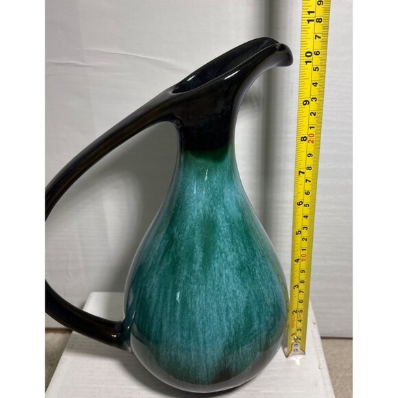 Blue Mountain Pottery Pitcher Vase Handled Green Black Drip Glaze 10" Canada MCM - Picture 5 of 9